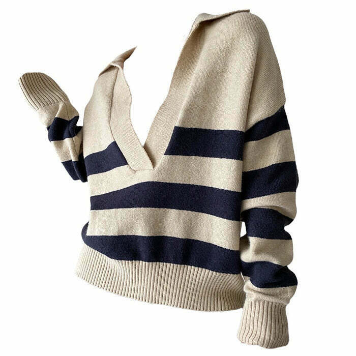 Chic Preppy Collar Striped Pullover - Trendy Y2K Style for Effortless Fashion Statements