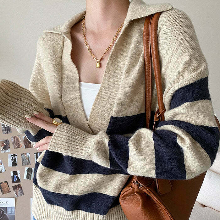 Chic Preppy Collar Striped Pullover - Trendy Y2K Style for Effortless Fashion Statements