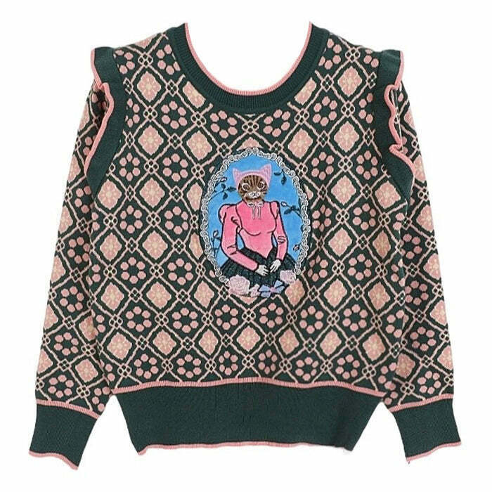 Chic Princess Cat Knit Pullover - Trendy Cat Graffiti Sweater for Women, Y2K Style