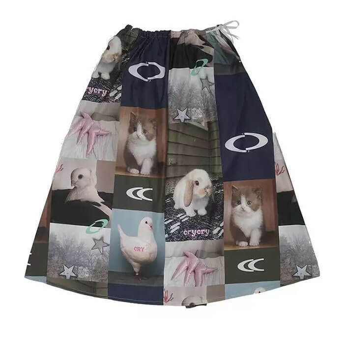 Chic Rabbit & Cat Print Aesthetic Midi Skirt for Y2K Fashion Lovers - Trendy & Unique