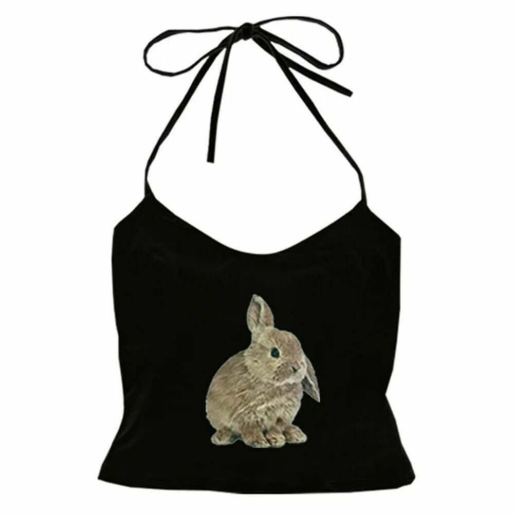 Chic Rabbit Print Y2K Halter Top with Bow Tie Detail - Trendy Crop Top for Stylish Looks