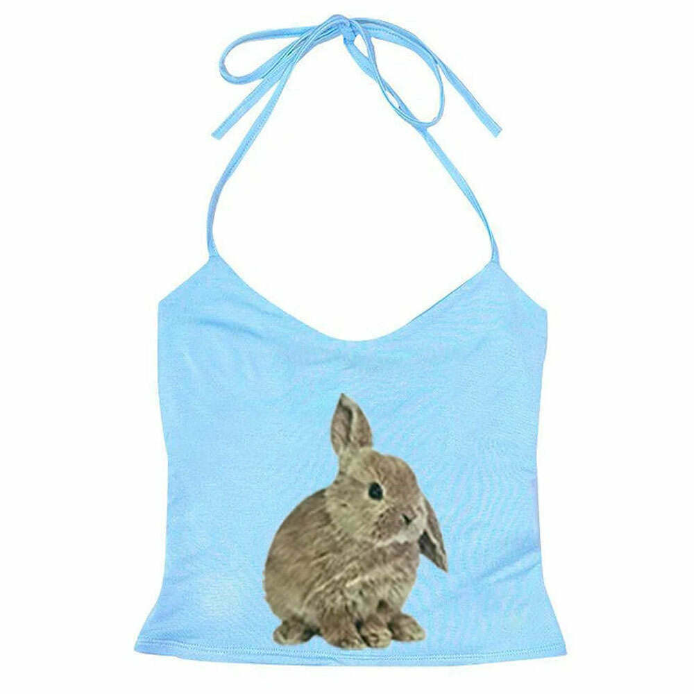 Chic Rabbit Print Y2K Halter Top with Bow Tie Detail - Trendy Crop Top for Stylish Looks