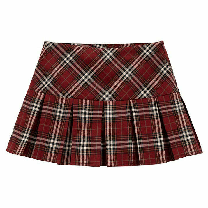 Chic Red Plaid Grunge Pleated Skirt - Y2K Style Drawstring Design for Trendy Looks