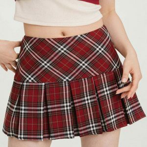 Chic Red Plaid Grunge Pleated Skirt - Y2K Style Drawstring Design for Trendy Looks