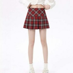 Chic Red Plaid Grunge Pleated Skirt - Y2K Style Drawstring Design for Trendy Looks