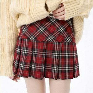 Chic Red Plaid Grunge Pleated Skirt - Y2K Style Drawstring Design for Trendy Looks