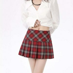 Chic Red Plaid Grunge Pleated Skirt - Y2K Style Drawstring Design for Trendy Looks