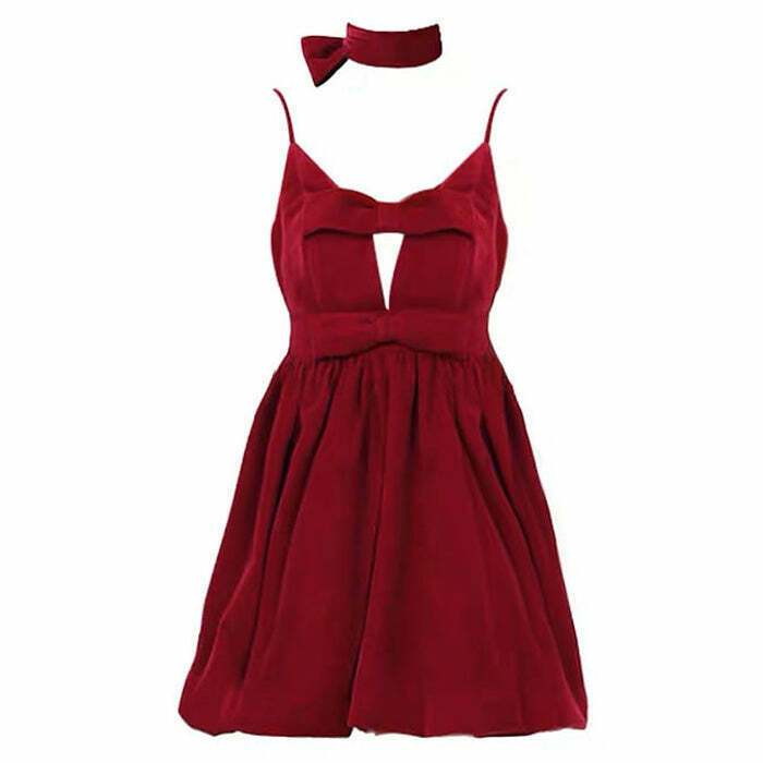 Chic Red Velvet Halter Dress for Y2K Fashion Lovers - Elegant & Stylish Evening Wear