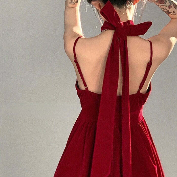 Chic Red Velvet Halter Dress for Y2K Fashion Lovers - Elegant & Stylish Evening Wear