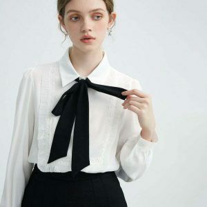 Chic Ruffle Bow Tie Neck Shirt in White with Pink Bow - Trendy Y2K Style Top