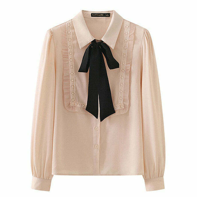 Chic Ruffle Bow Tie Neck Shirt in White with Pink Bow - Trendy Y2K Style Top