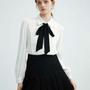 Chic Ruffle Bow Tie Neck Shirt in White with Pink Bow - Trendy Y2K Style Top