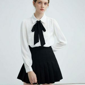 Chic Ruffle Bow Tie Neck Shirt in White with Pink Bow - Trendy Y2K Style Top