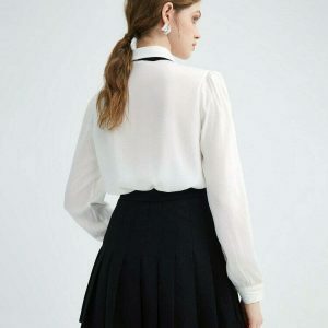 Chic Ruffle Bow Tie Neck Shirt in White with Pink Bow - Trendy Y2K Style Top