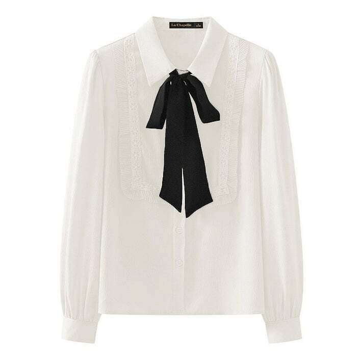 Chic Ruffle Bow Tie Neck Shirt in White with Pink Bow - Trendy Y2K Style Top