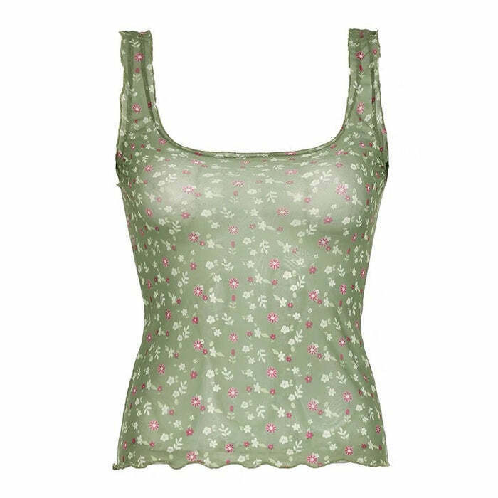 Chic Secret Garden Mesh Tank Top with Bow Tie Detail - Y2K Fairy Crop Top Style