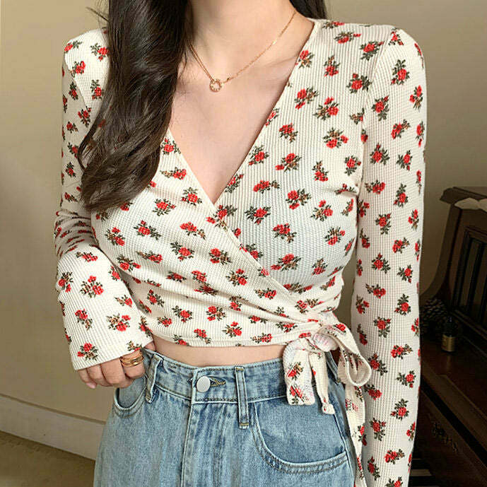 Chic Secret Garden Wrap Top with Bow Tie Detail - Y2K Fairy Crop Top for Trendy Style