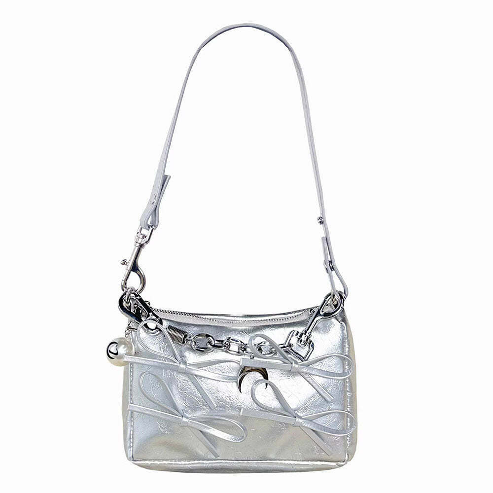 Chic Silver Bows Shoulder Bag - Trendy Y2K Aesthetic with Stylish Chain Detail