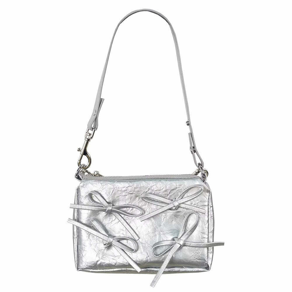 Chic Silver Bows Shoulder Bag - Trendy Y2K Aesthetic with Stylish Chain Detail