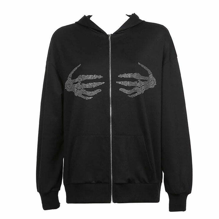 Chic Skeleton Hands Rhinestone Hoodie - Aesthetic Cropped Zip-Up with Spider Design