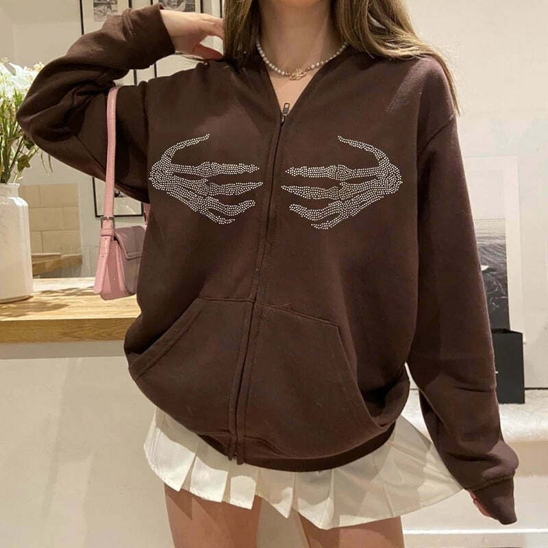 Chic Skeleton Hands Rhinestone Hoodie - Aesthetic Cropped Zip-Up with Spider Design