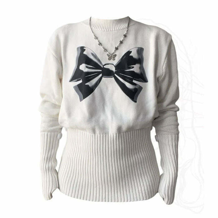 Chic Soft Girl Aesthetic Bow Jumper - Trendy Downtown Style for Baddie Girls & It Girls