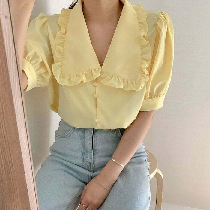 Chic Soft Girl Frill Collar Blouse - Trendy Downtown Style for Baddie and It Girls