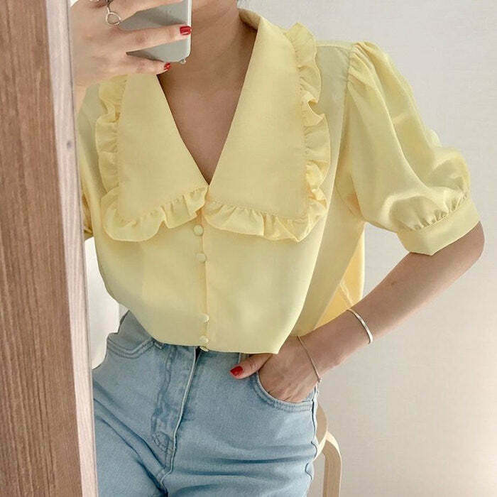 Chic Soft Girl Frill Collar Blouse - Trendy Downtown Style for Baddie and It Girls