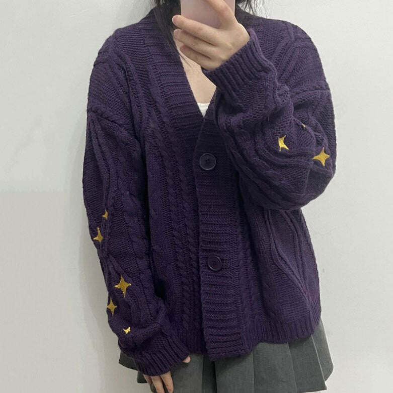 Chic Star Embroidery Purple Cardigan - Trendy Preppy Style for Y2K Fashion Lovers