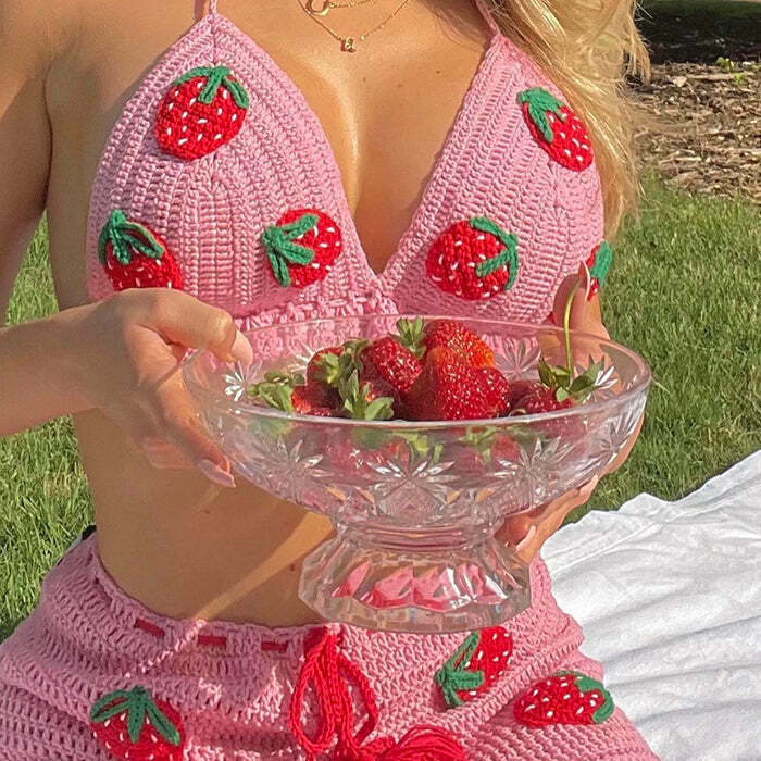 Chic Strawberry Crochet Top & Skirt Co-Ord Set for Trendy Y2K Aesthetic Fashion