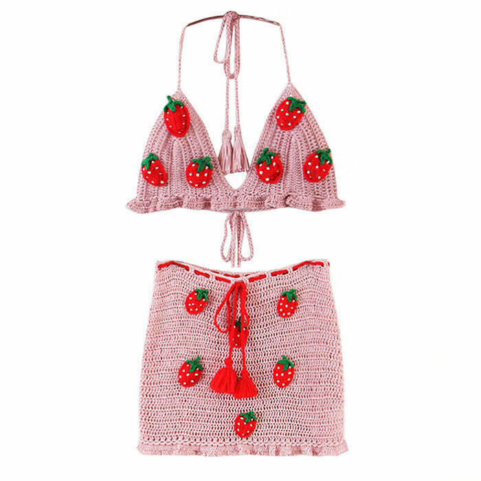 Chic Strawberry Crochet Top & Skirt Co-Ord Set for Trendy Y2K Aesthetic Fashion