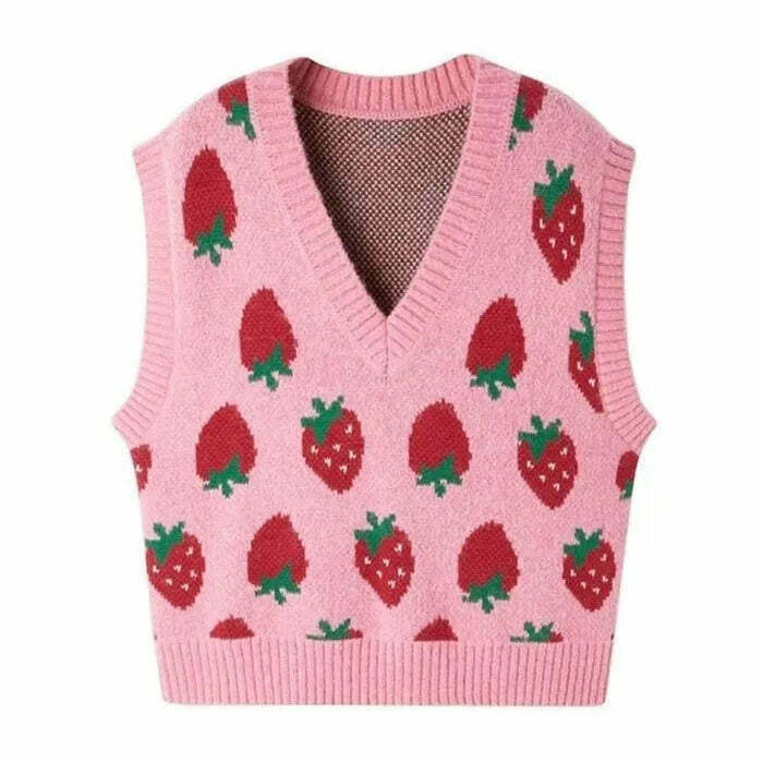 Chic Strawberry Knit Vest - Trendy Y2K Style with Cozy Comfort and Unique Design