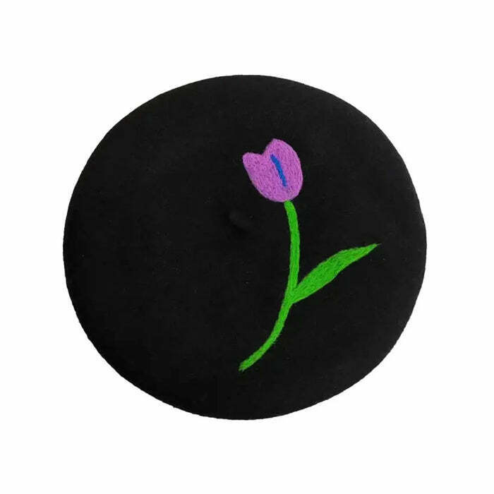 Chic Tulip Embroidery Wool Beret in Houndstooth Tweed - Kawaii Aesthetic Halloween Style