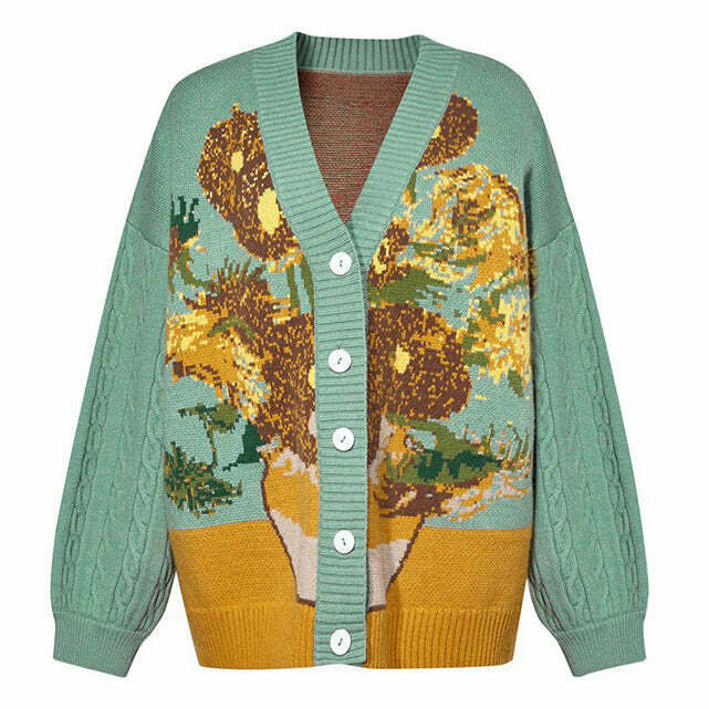 Chic Van Gogh Sunflowers Knit Cardigan - Cozy Floral Design for Y2K Fashion Lovers