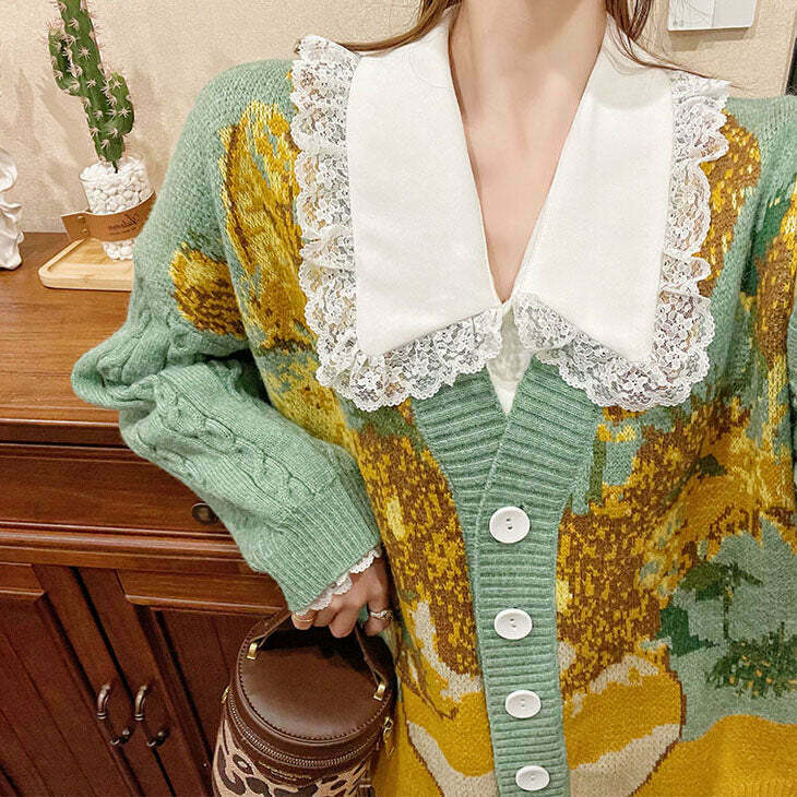 Chic Van Gogh Sunflowers Knit Cardigan - Cozy Floral Design for Y2K Fashion Lovers