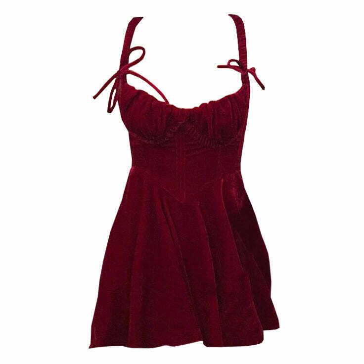 Chic Vintage Aesthetic Red Velvet Mini Dress - Perfect for Y2K Old Money and Bohemian Styles