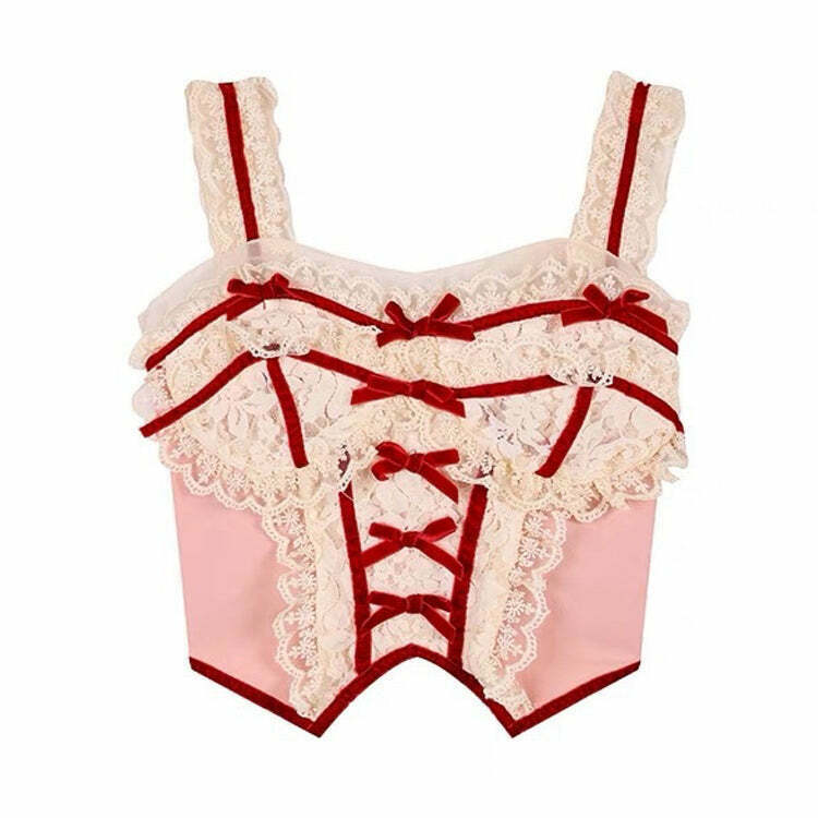 Chic White & Red Coquette Lace Corset Top with Embroidery and Bow Detail for Y2K Style