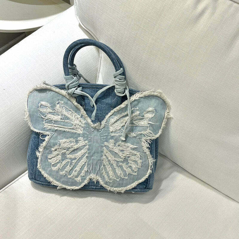 Chic Y2K Aesthetic Denim Butterfly Handbag - Trendy Vintage Style for Fashion Lovers