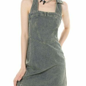 Chic Y2K Aesthetic Halter Denim Dress with Bohemian Flair for Trendy Summer Style