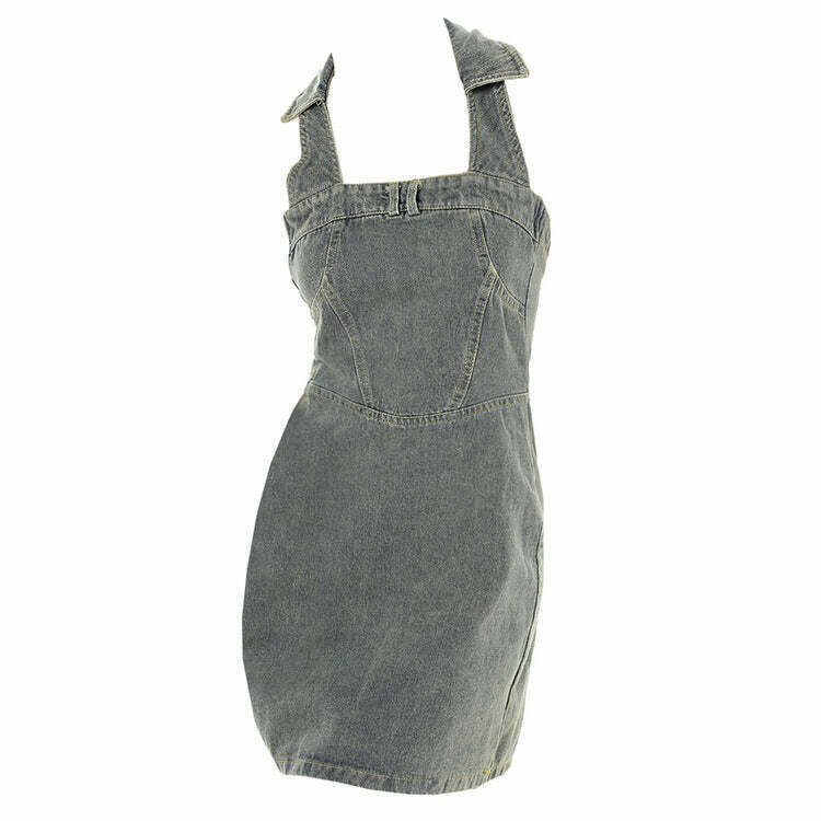 Chic Y2K Aesthetic Halter Denim Dress with Bohemian Flair for Trendy Summer Style