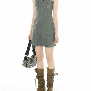 Chic Y2K Aesthetic Halter Denim Dress with Bohemian Flair for Trendy Summer Style