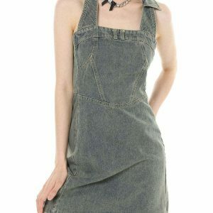 Chic Y2K Aesthetic Halter Denim Dress with Bohemian Flair for Trendy Summer Style