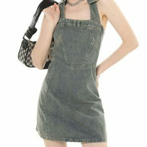 Chic Y2K Aesthetic Halter Denim Dress with Bohemian Flair for Trendy Summer Style