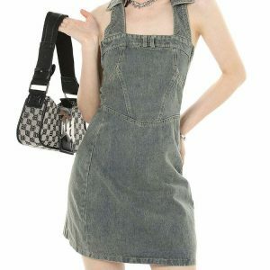 Chic Y2K Aesthetic Halter Denim Dress with Bohemian Flair for Trendy Summer Style