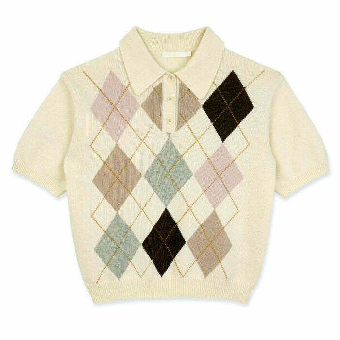 Chic Y2K Argyle Collar Top with Bow Tie Detail - Trendy Fairy Crop Top for Stylish Looks