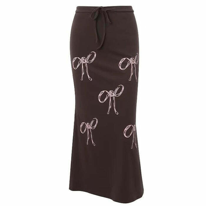 Chic Y2K Bow Print Maxi Skirt with Drawstring, Perfect for Trendy Coquette Styles