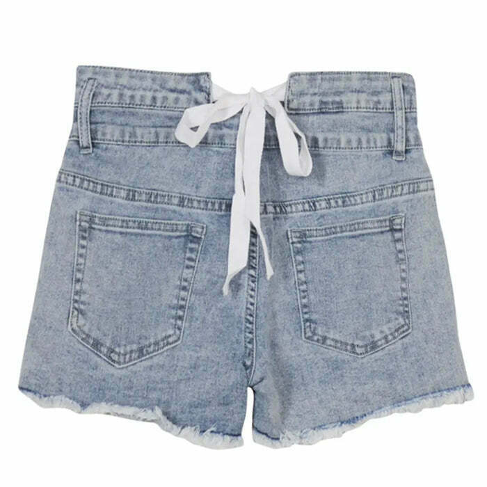 Chic Y2K Bow Tie Denim Shorts with Rhinestone Fringe - Trendy Old Money Style