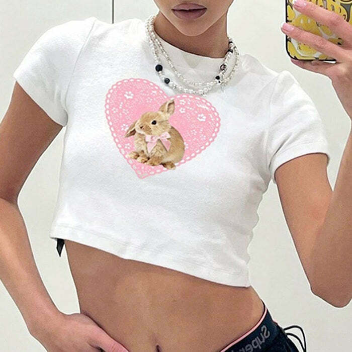 Chic Y2K Bunny Crop Top with Bow Tie Detail - Cream Cropped Sweater for Trendy Style