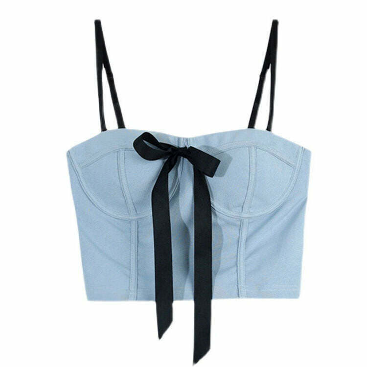 Chic Y2K Bustier Top with Front Bow - Trendy Denim Tube Crop Top for Fairy Fashion Lovers