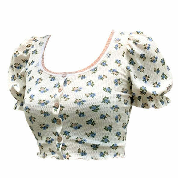 Chic Y2K Floral Ribbed Crop Top with Bow Tie Detail - Trendy Fairy Style for Every Occasion